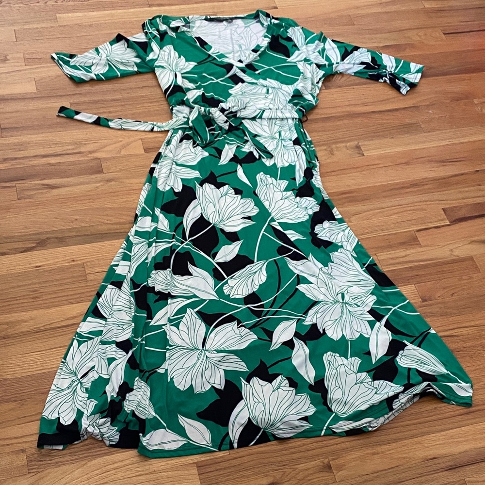 Green Floral Faux Wrap Dress with Belt